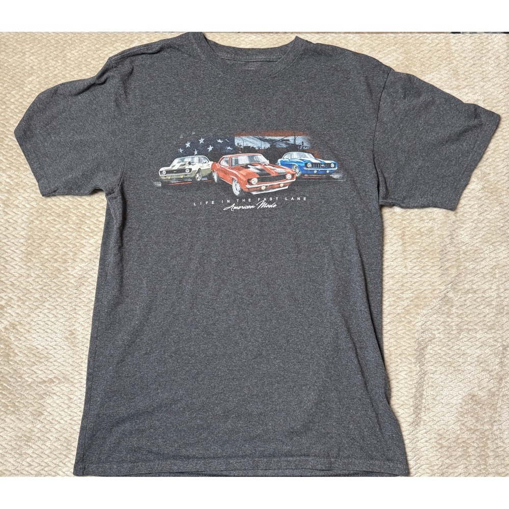 Mens Graphic Tee Gray Muscle Car American Made T-Shirt Large Motorhead